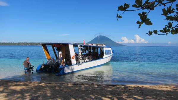 Siladen's dive boat in the calm clear waters of Bunaken National Marine Park